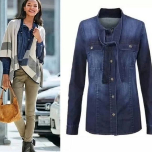 Cabi Waterfront Denim Bow Shirt Long sleeve Button‎ Down Size Medium Tencel - Picture 2 of 8
